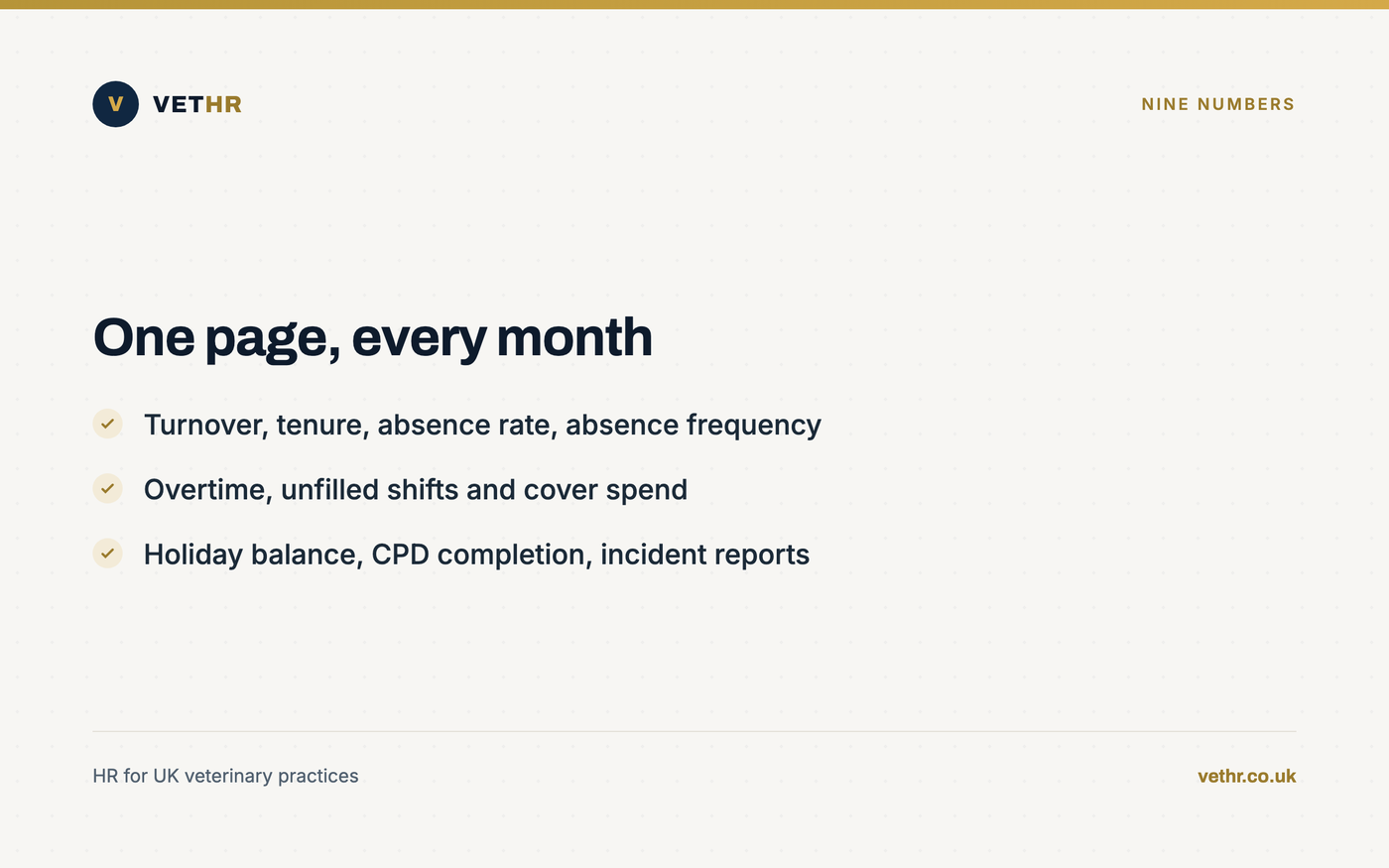 Card listing the nine workforce numbers a practice should review each month.