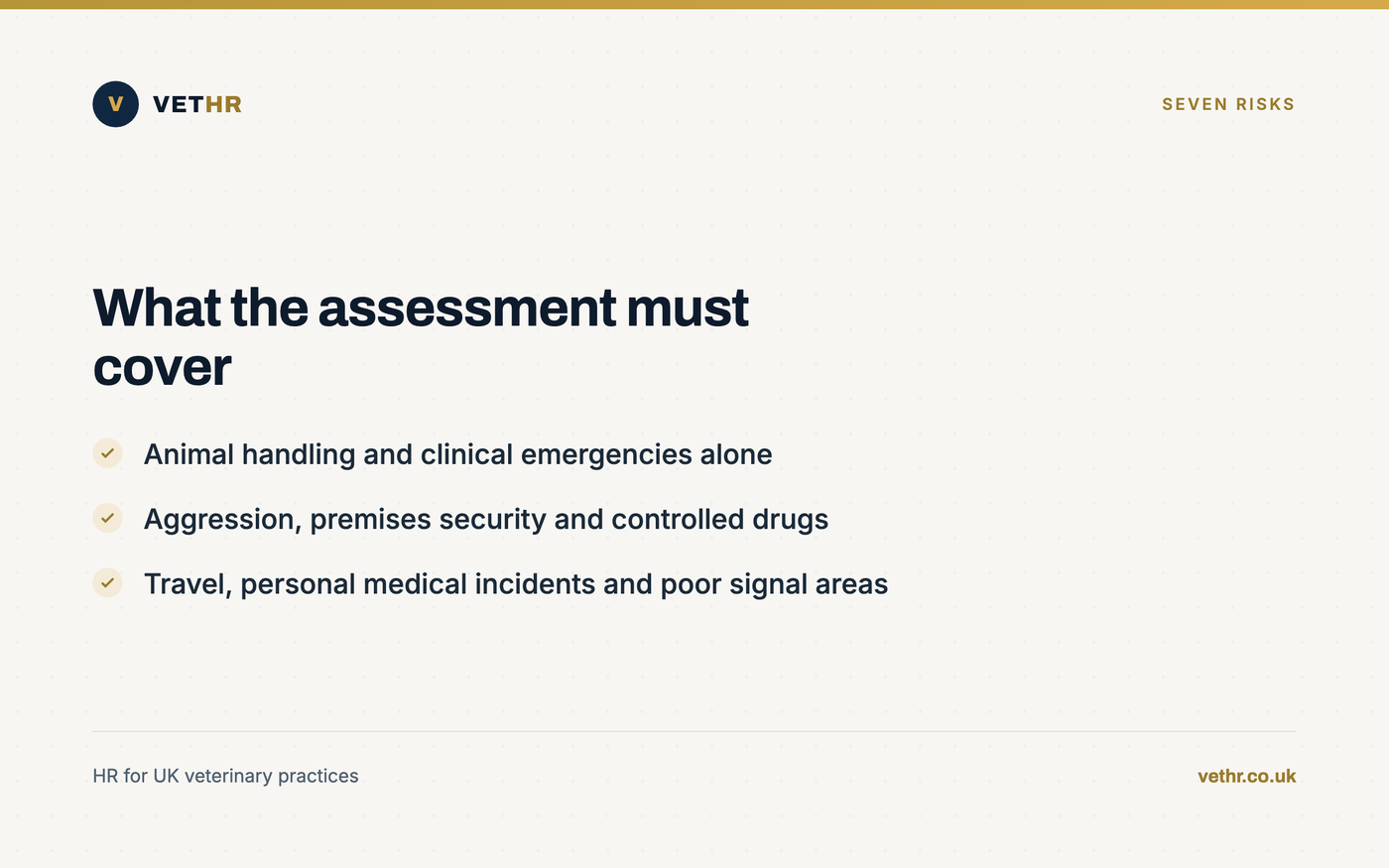 Card listing the seven risk areas a veterinary lone worker assessment should address.