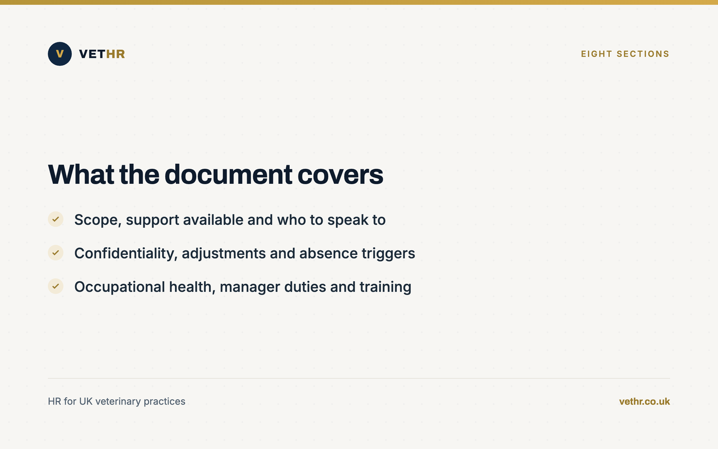 Card listing the eight sections a practice wellbeing policy on this subject should contain.