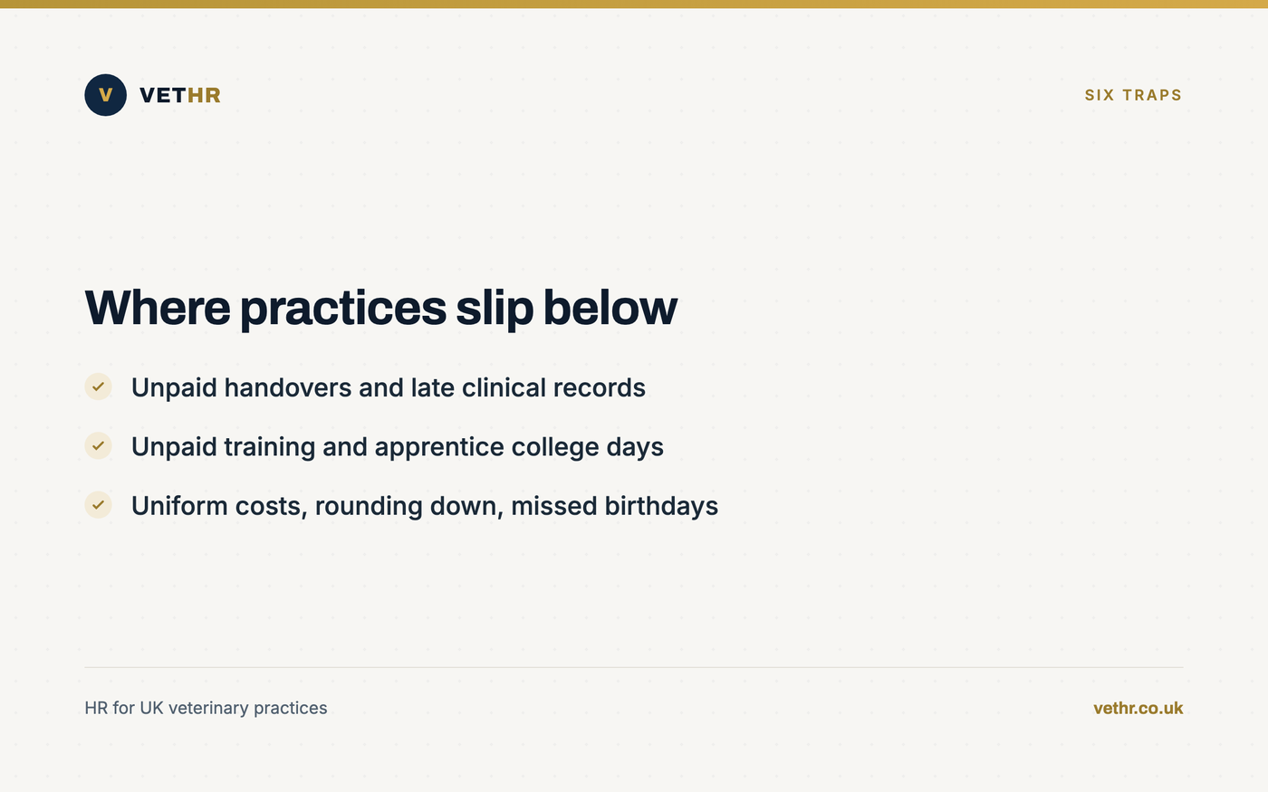 Card listing six ways a veterinary practice can breach pay rules without changing anyone's rate.