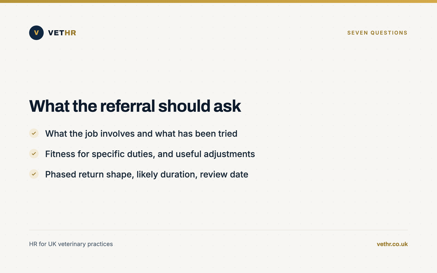 Card showing the seven work related questions a referral should put to the clinician.