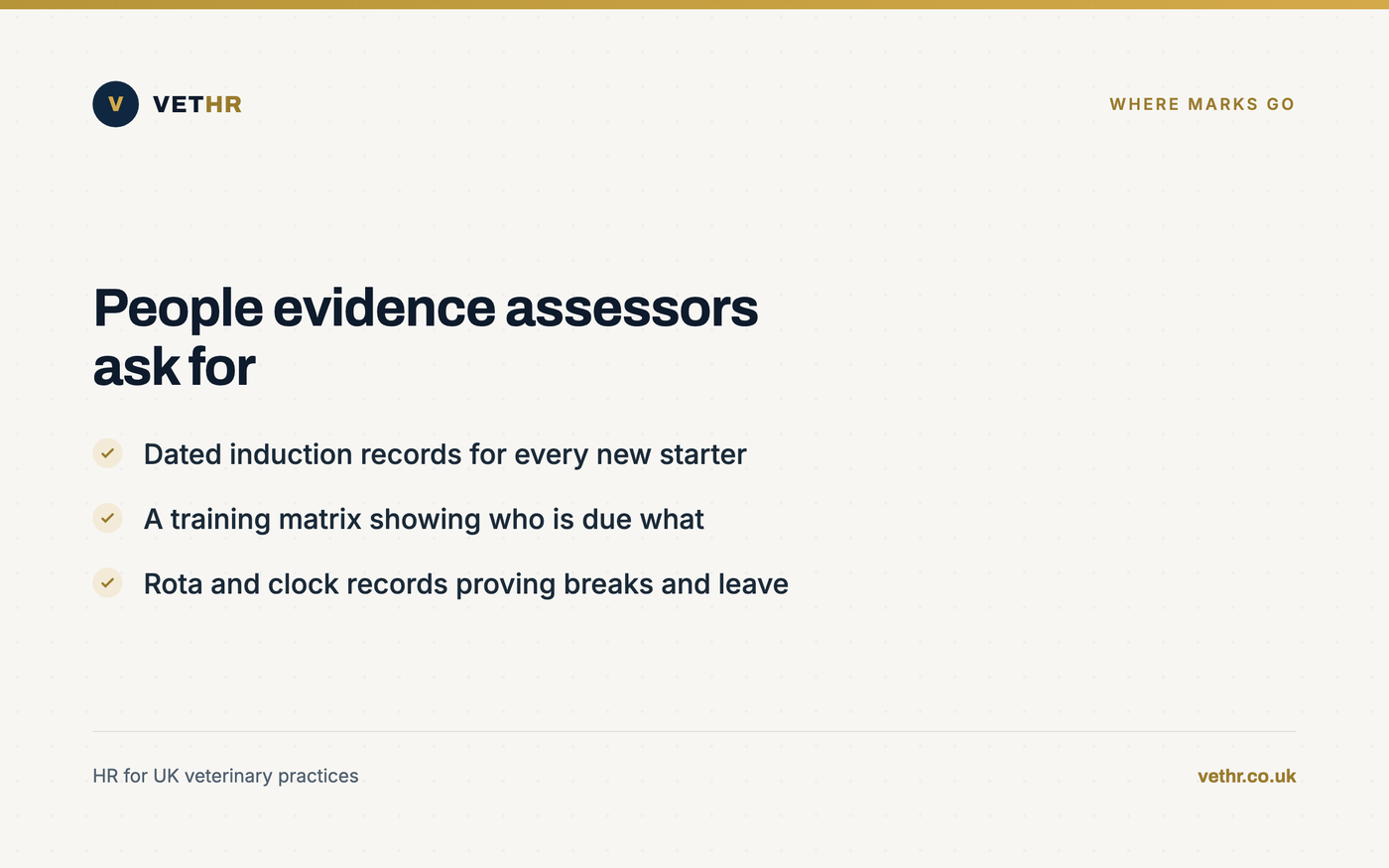 Card listing the induction, training and rota evidence a veterinary accreditation assessor asks to see.