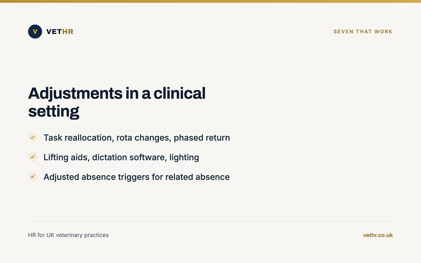 Card listing seven practical workplace changes suited to a busy veterinary practice.