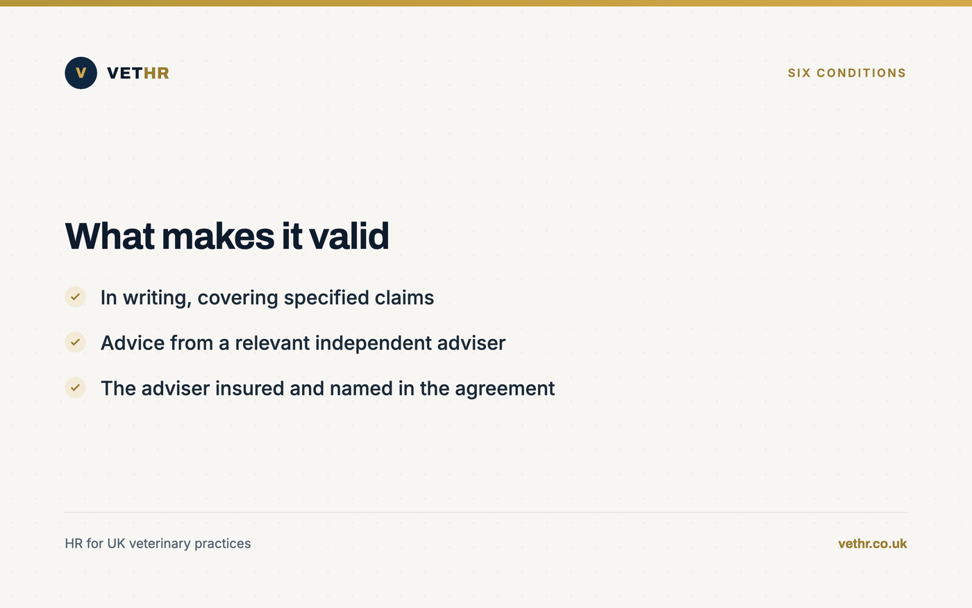 Card listing the legal conditions that make an exit agreement binding under UK employment law.