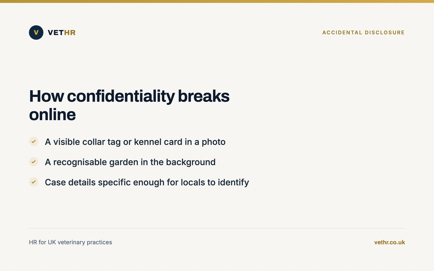 Card showing common ways veterinary client confidentiality is breached accidentally on social media.