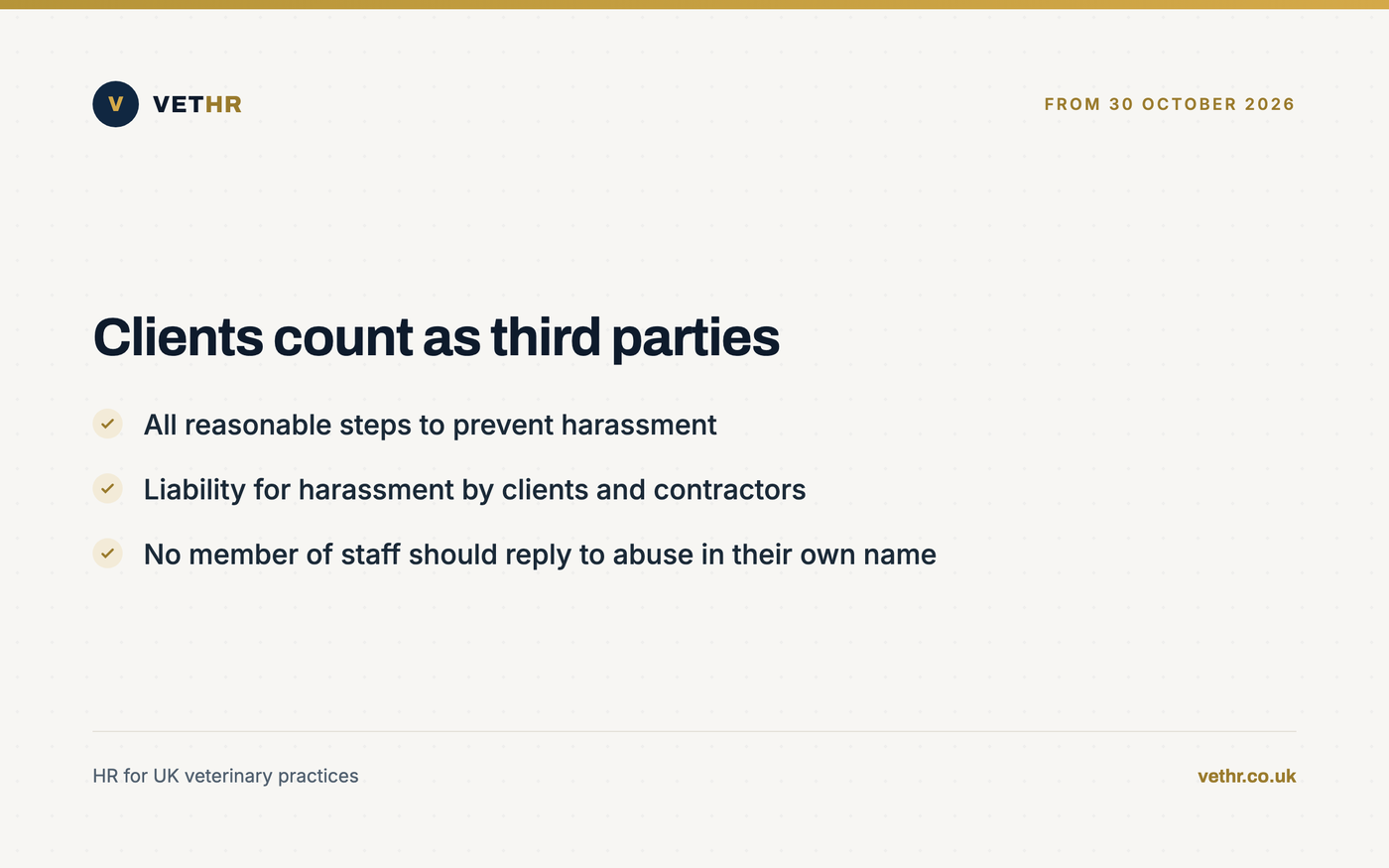 Card explaining the third party harassment duty and what it means for online abuse of practice staff.
