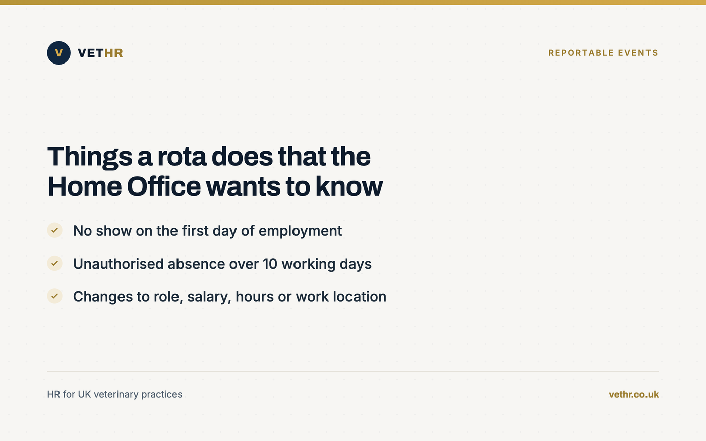 Card listing sponsorship reporting duties triggered by ordinary changes to a veterinary rota.