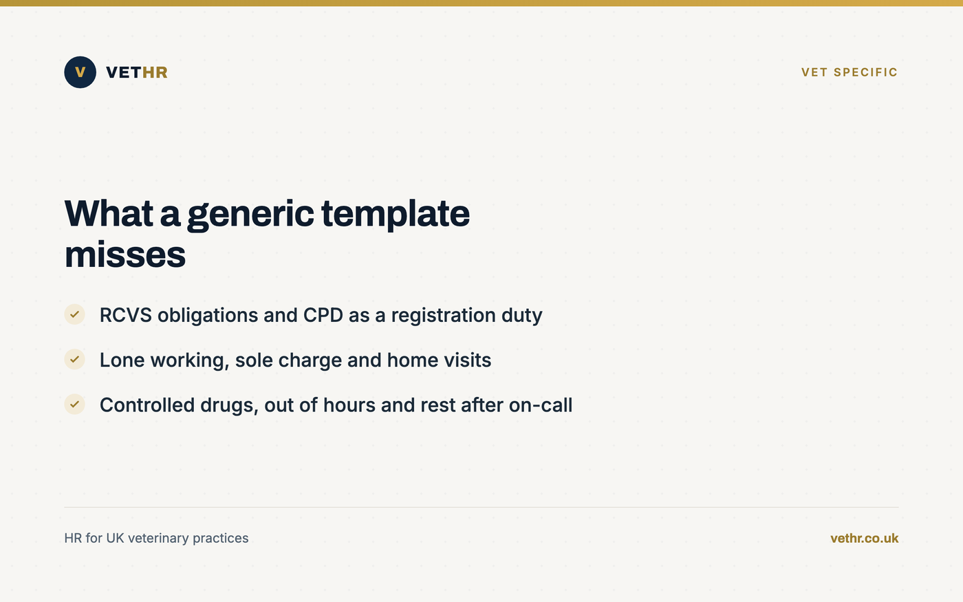 Card listing the veterinary specific sections a generic handbook template leaves out.