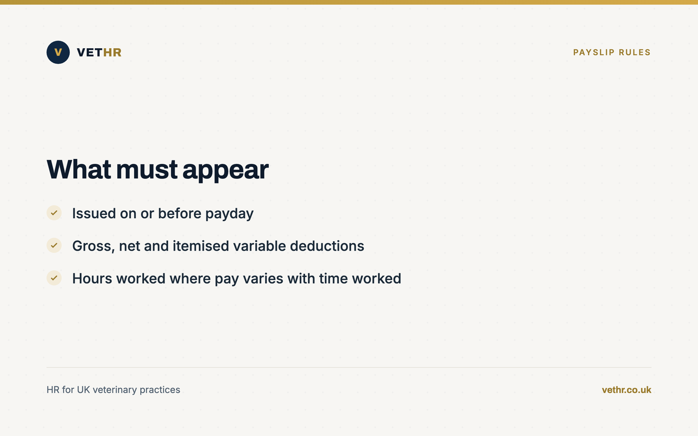 Card summarising the legal requirements for payslip content and timing.