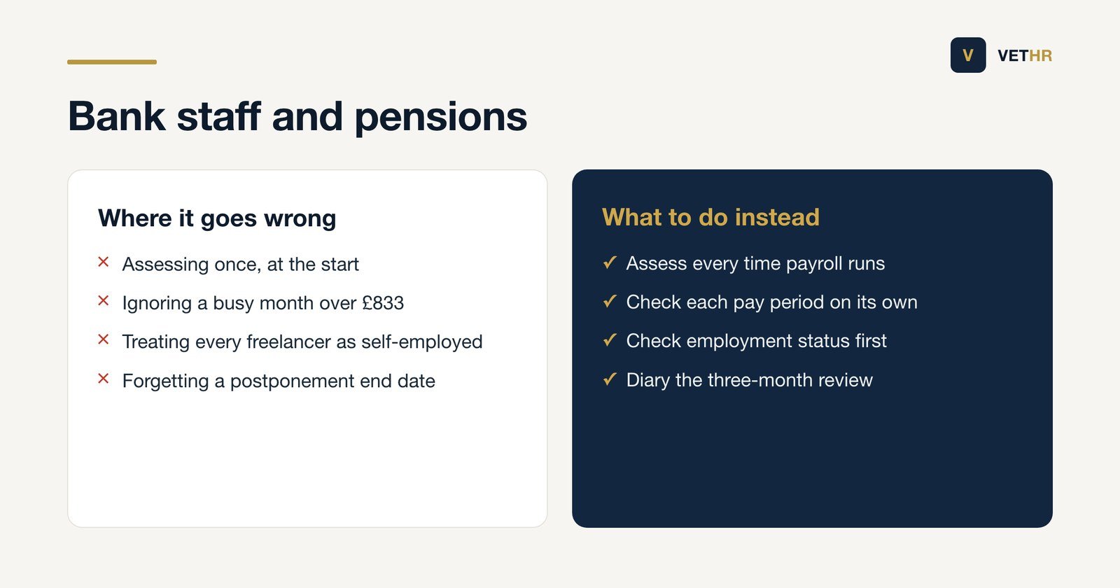 Comparison of the common pension mistakes with bank staff and the correct approach for each.