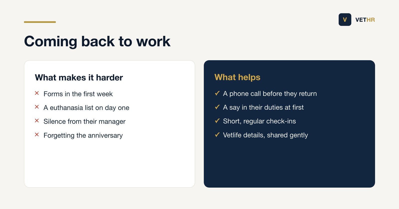Comparison of the approaches that make a return to work after a death harder and the ones that help.