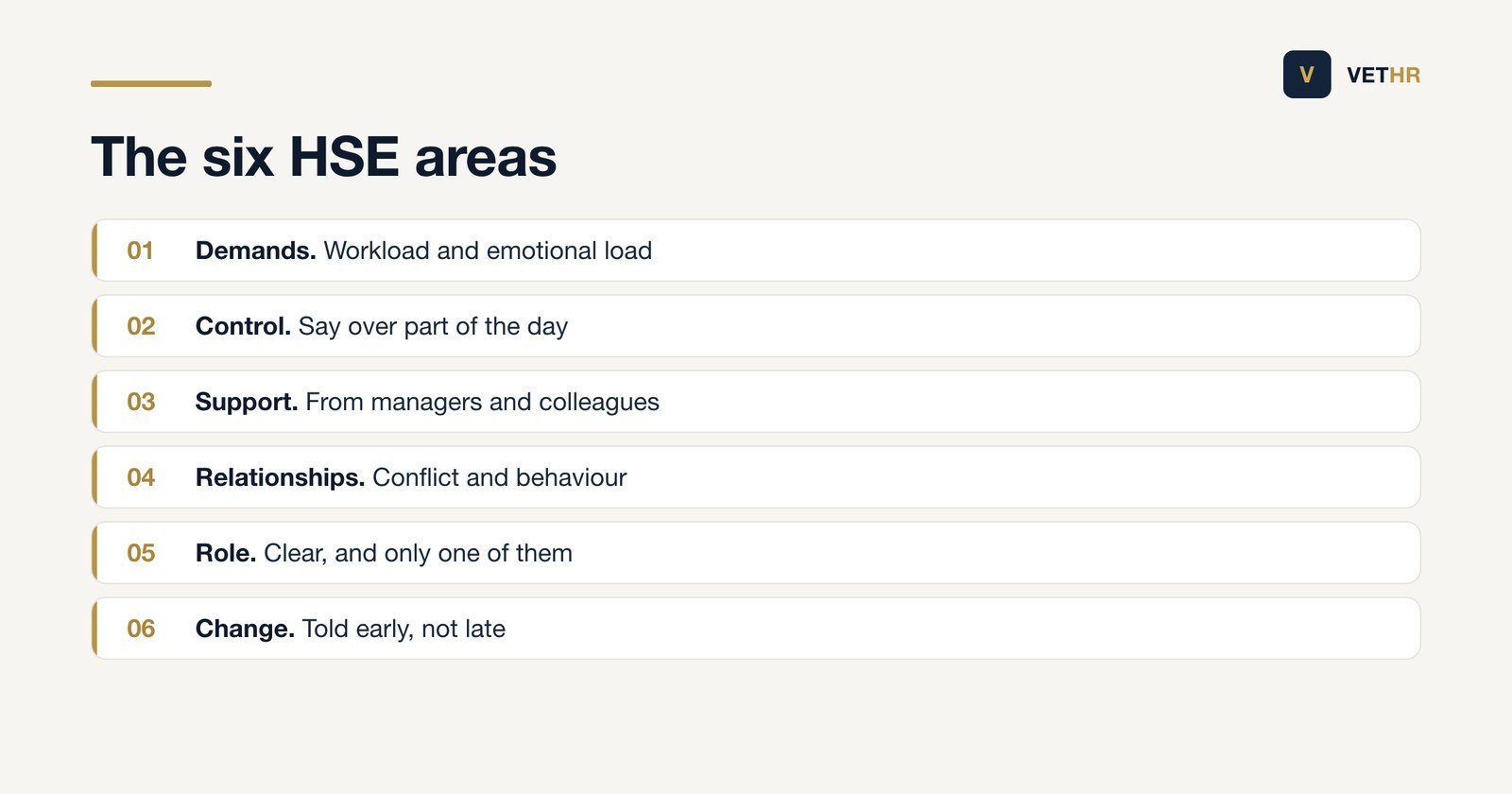 The six work design areas HSE uses to assess the risk of work related stress.