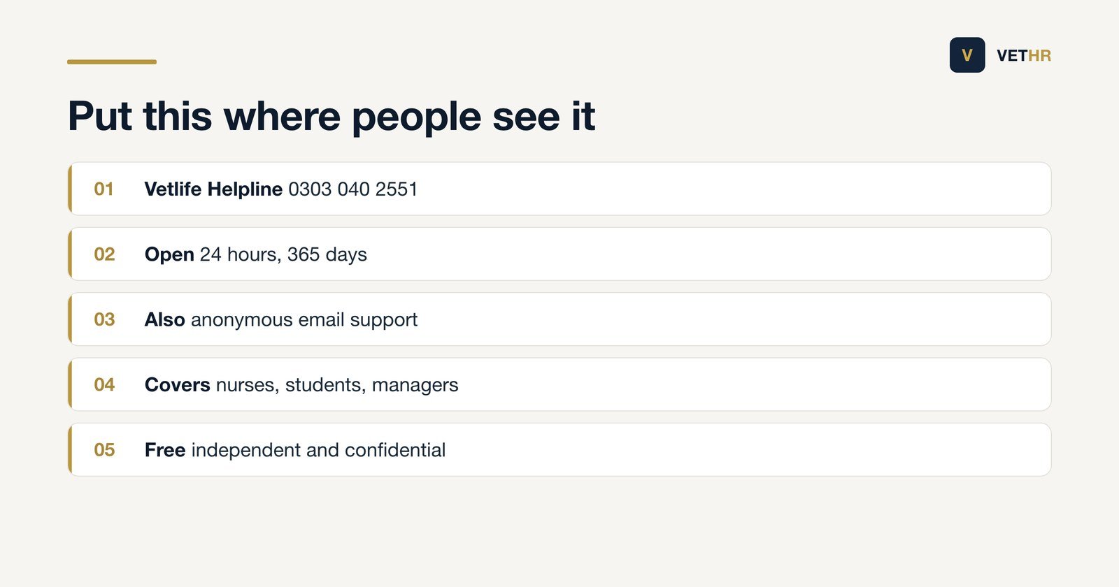 Vetlife helpline details a veterinary practice should display for its staff.