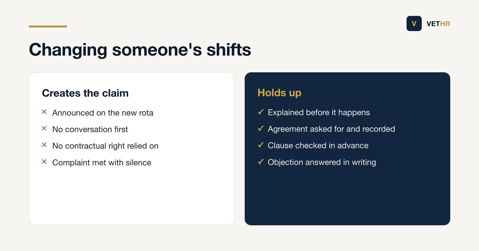 Comparison of imposing and agreeing a change to a member of staff's working pattern.