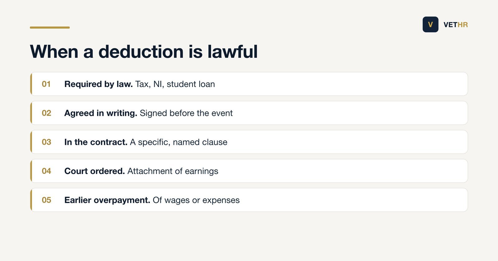 The five common grounds on which an employer may lawfully take money from pay.