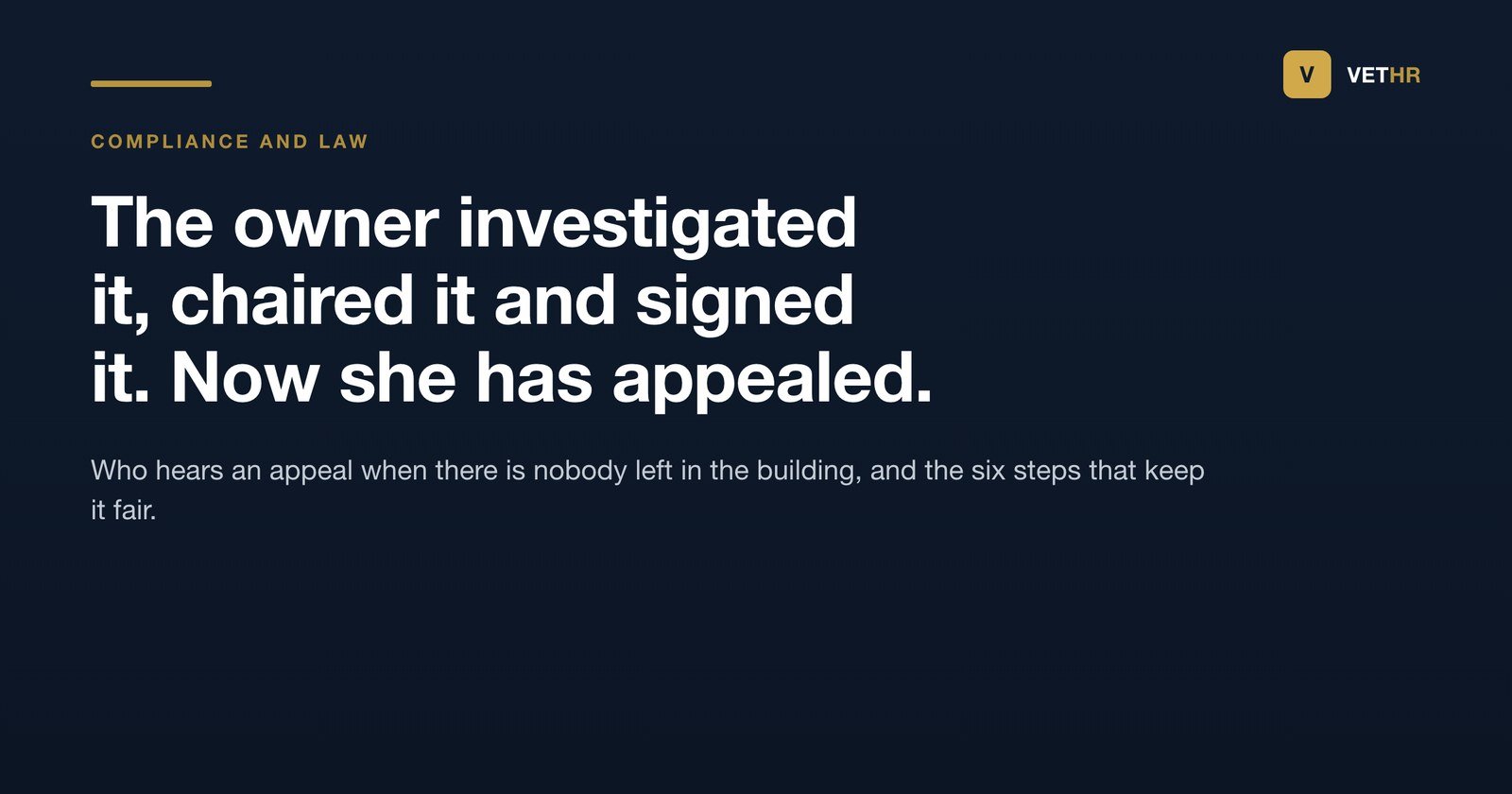 Vet HR title card on running a fair disciplinary appeal in a veterinary practice.