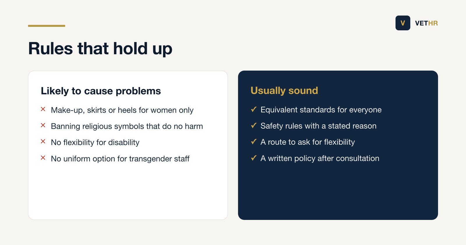 Comparison of appearance rules likely to be discriminatory and the approaches that usually hold up.