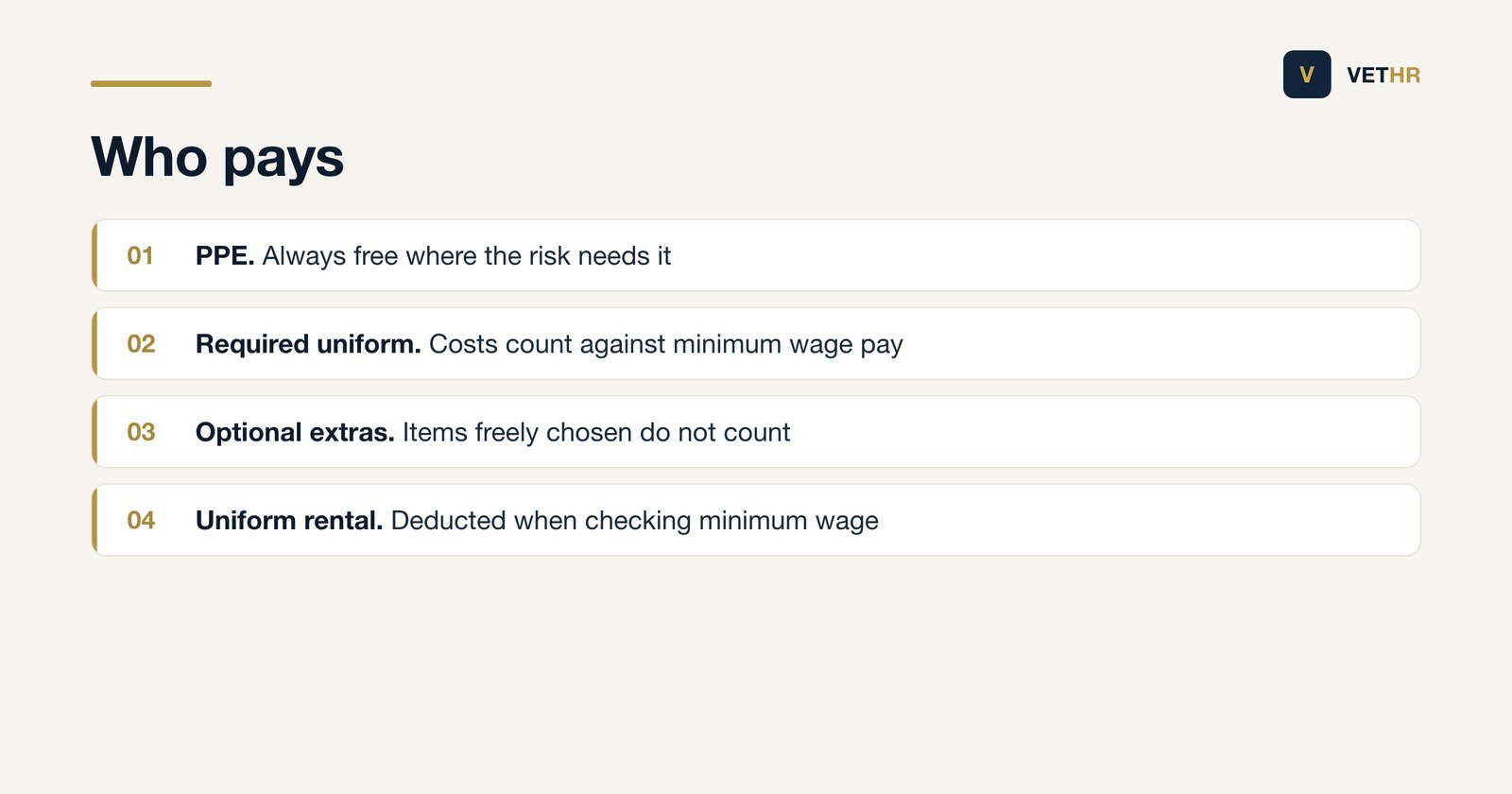 The rules on who pays for protective equipment and uniforms, including the effect on minimum wage pay.