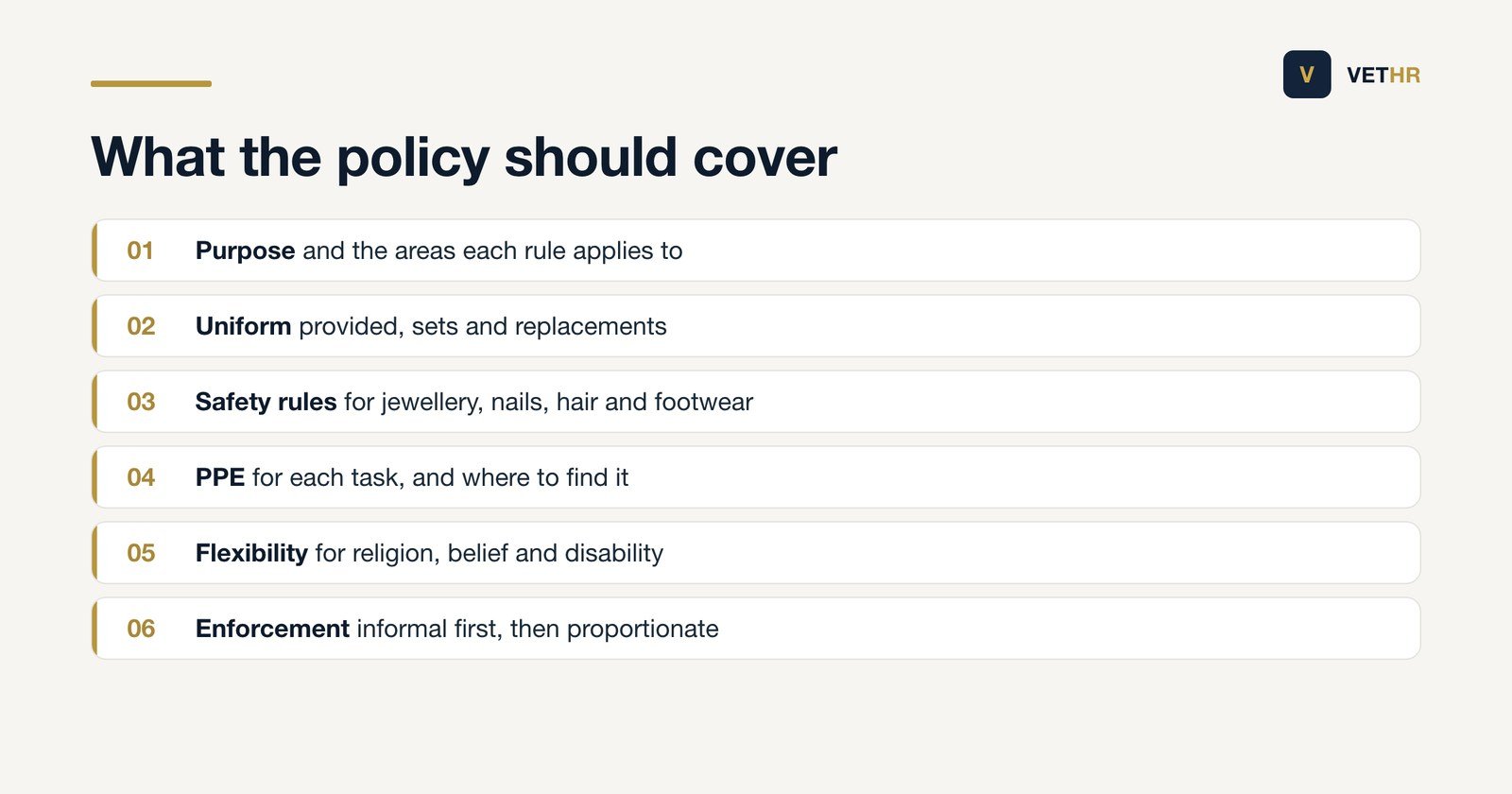 Six sections a veterinary practice policy on uniform and appearance should include.
