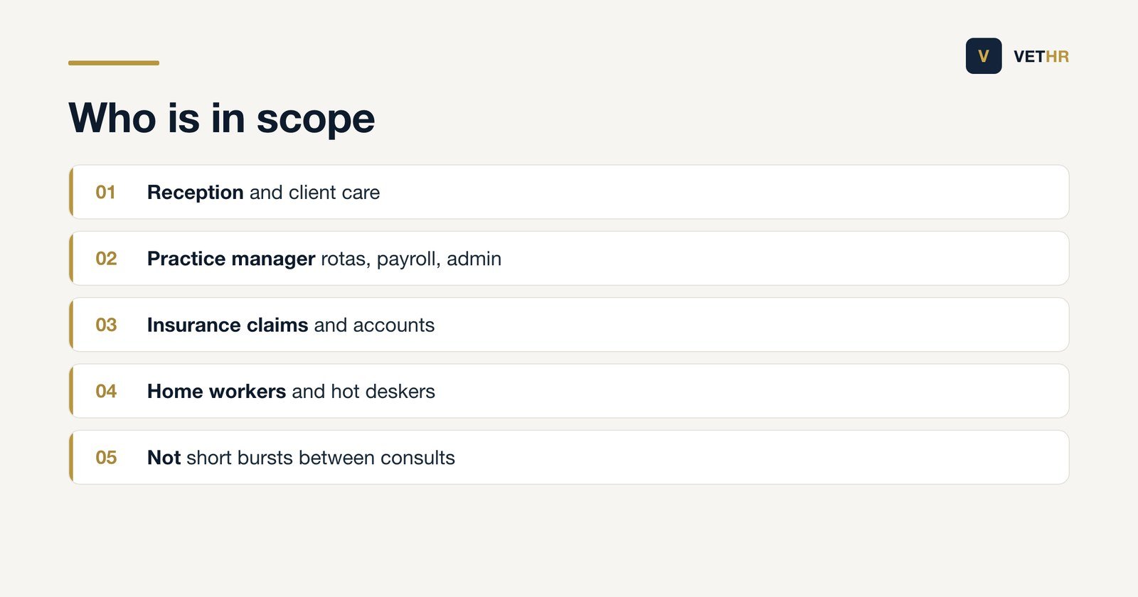 The roles in a veterinary practice that count as display screen equipment users.