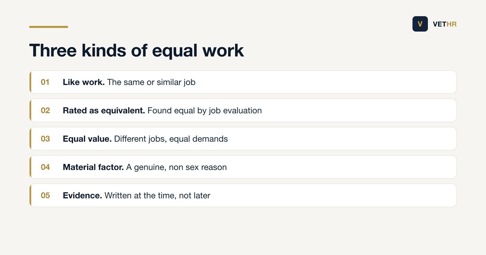 The three statutory categories of equal work and the defence available to employers.