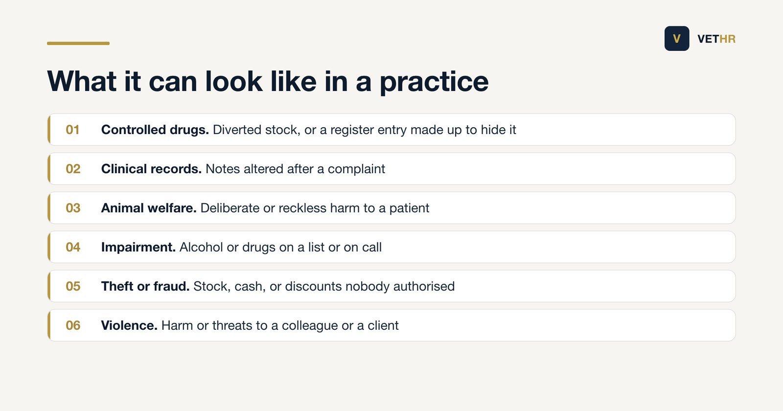 Six examples of conduct a veterinary practice might treat as serious enough for dismissal without notice.