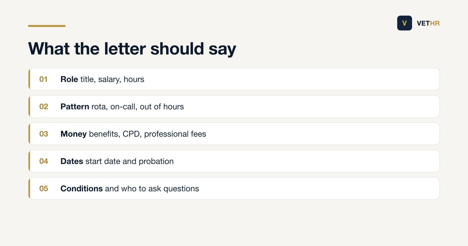 The contents of a clear written offer of employment for a veterinary role.