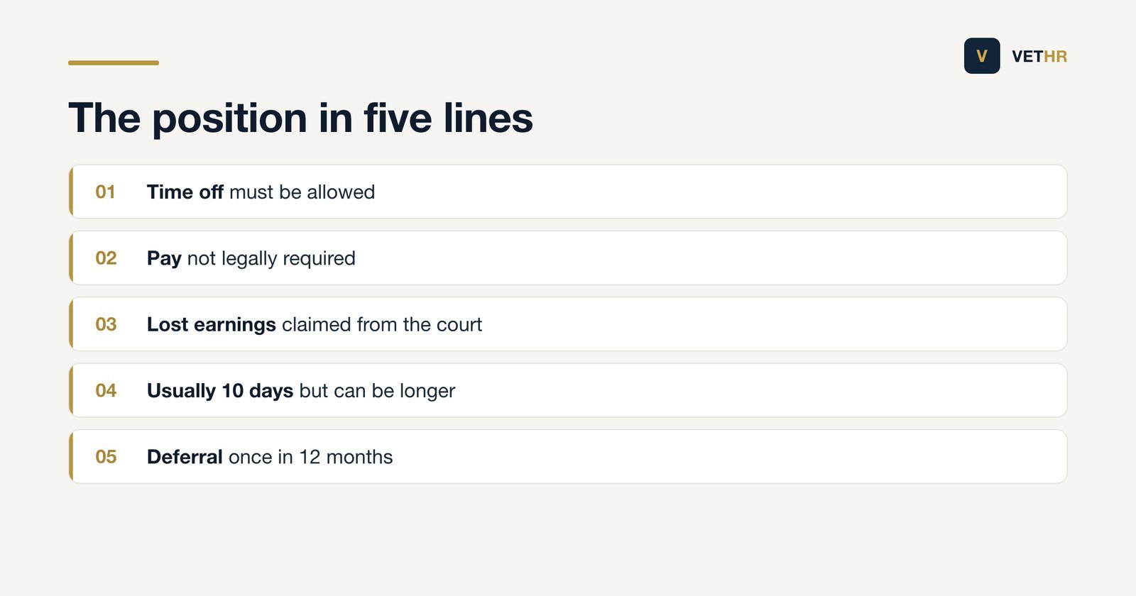 The five rules governing time off and pay when an employee is called up for a jury.
