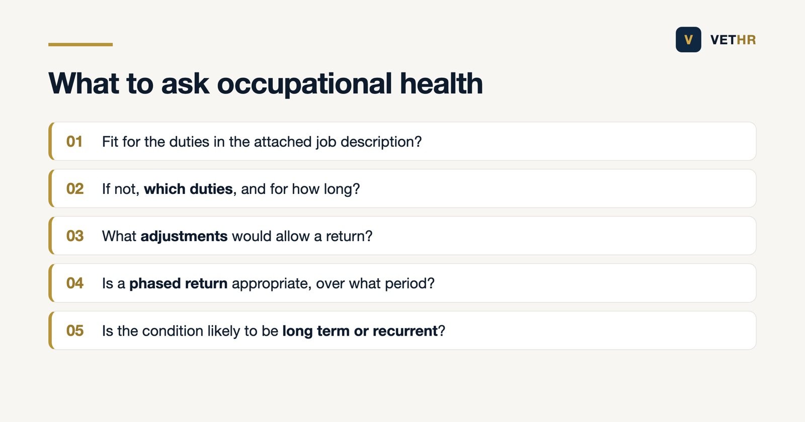 Five specific questions to ask in an occupational health referral