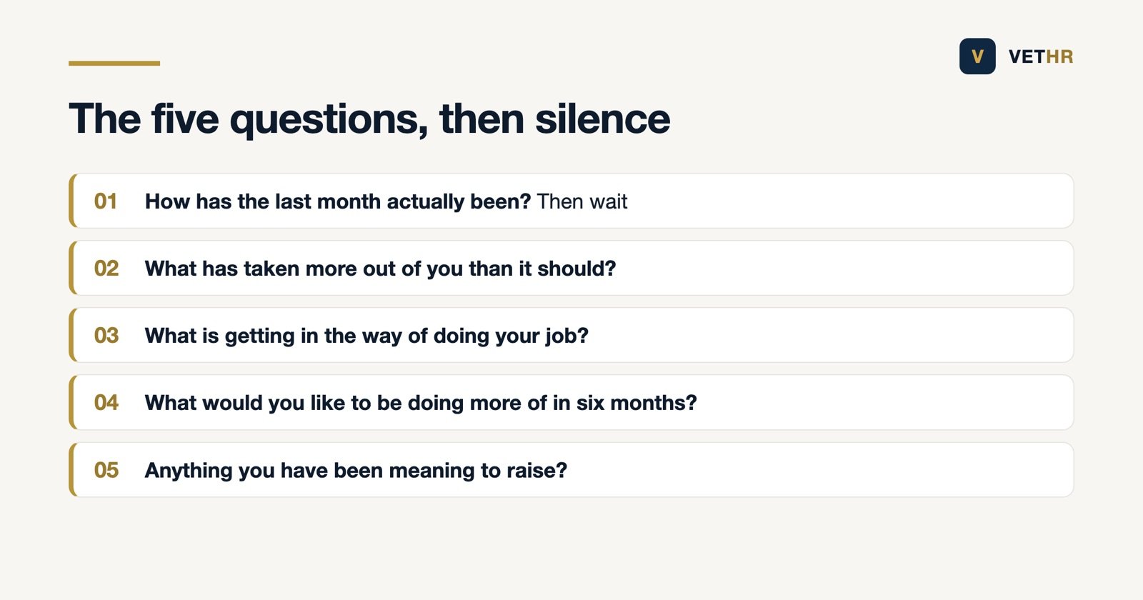 The five questions to ask in a one to one, and then wait