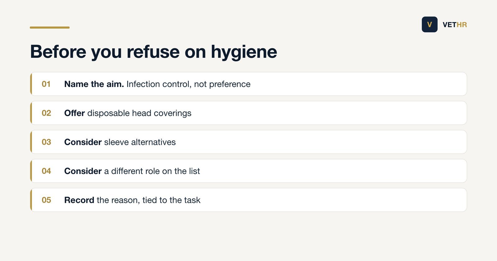 Five steps to take before restricting religious dress on clinical hygiene grounds.