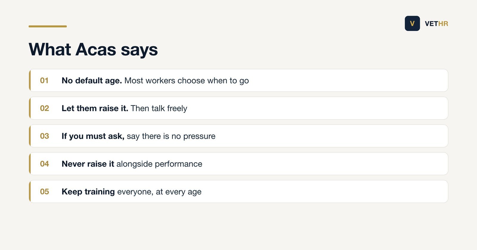 The Acas position on discussing when an employee will stop working, in five lines.