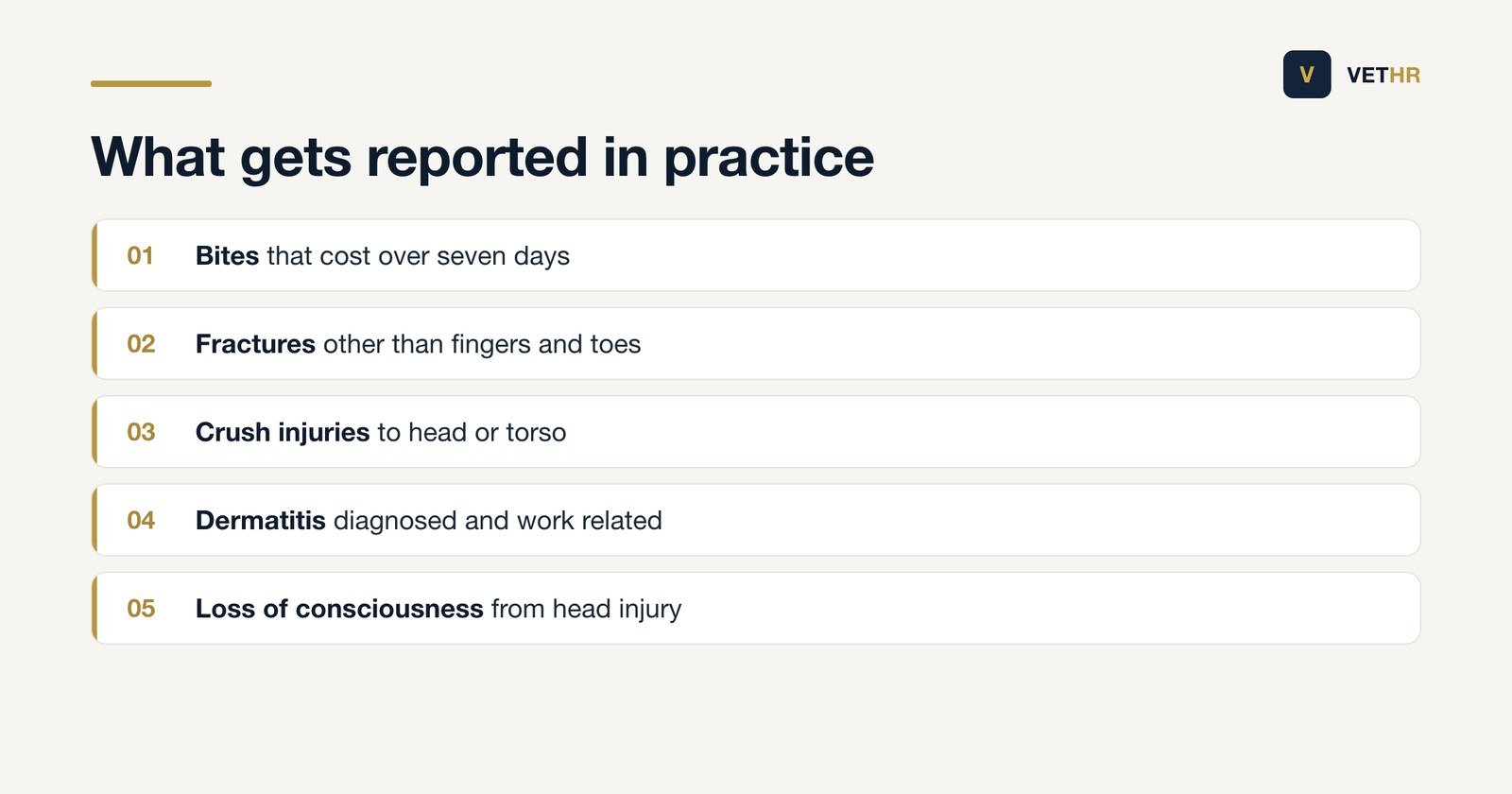 The incidents most often reportable to the HSE from a veterinary practice.