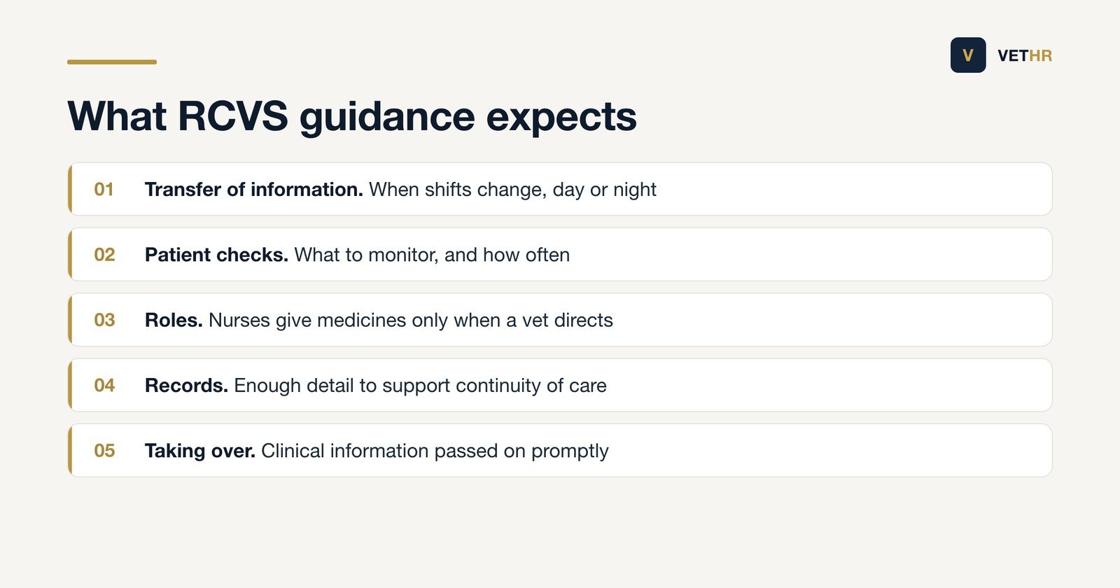 RCVS expectations for in-patient protocols and clinical records that keep care continuous between shifts.