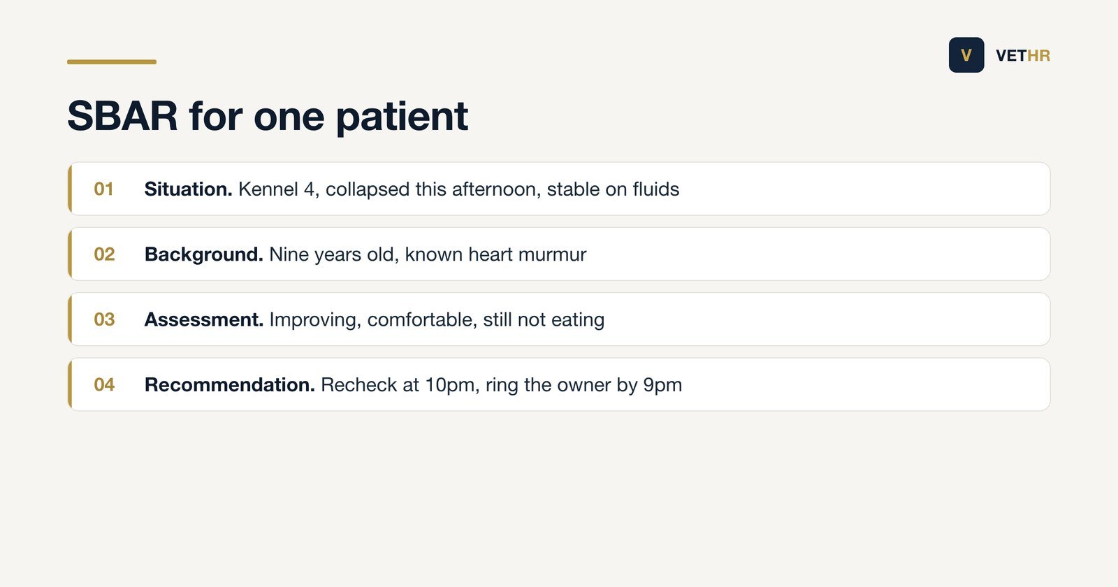 An example of the SBAR structure applied to handing over a hospitalised dog between two shifts.