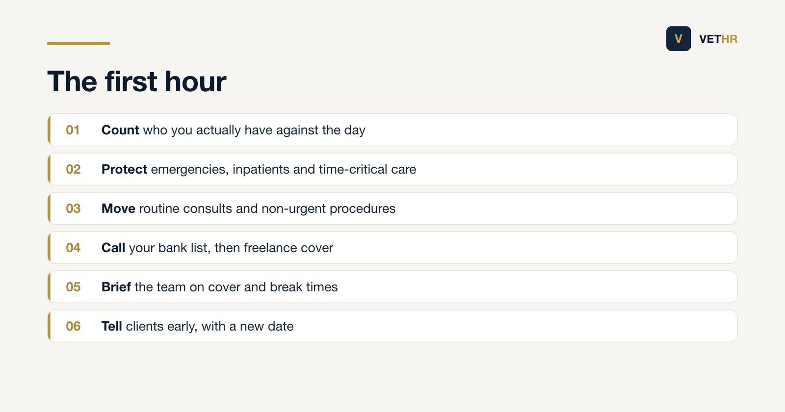 Six actions for the first hour of a day when the practice has fewer people than the rota planned.