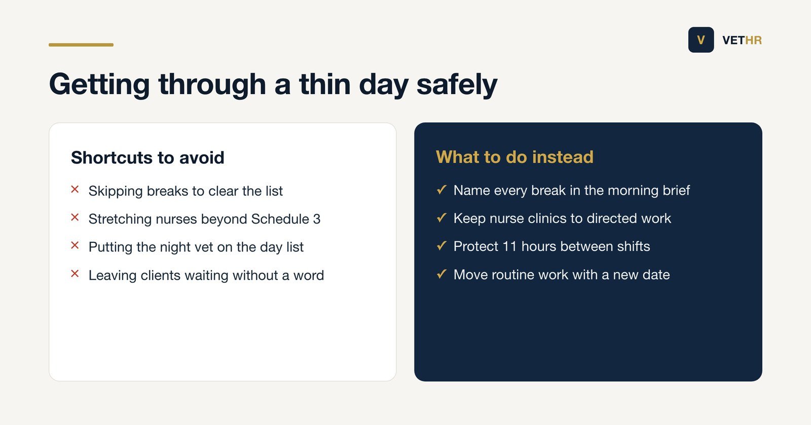 Comparison of the shortcuts that make a thin day unsafe and the alternatives that keep patients and staff safe.