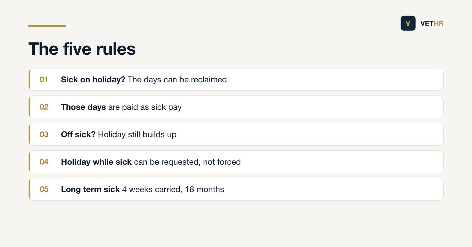 The five rules that govern the overlap between sickness absence and paid holiday.
