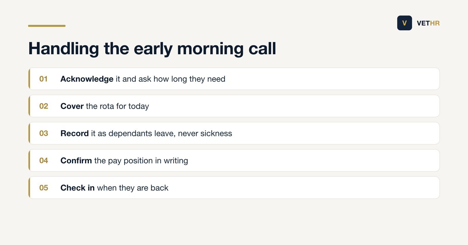 Five steps for handling a call from a team member who needs emergency time off to help someone at home.