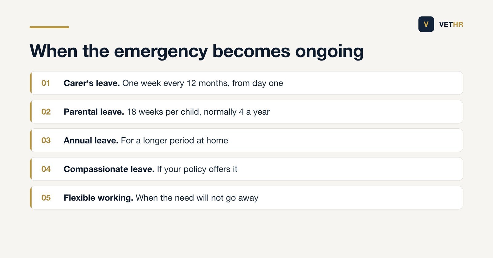 The other types of leave a practice can offer when a one-off emergency turns into longer care.