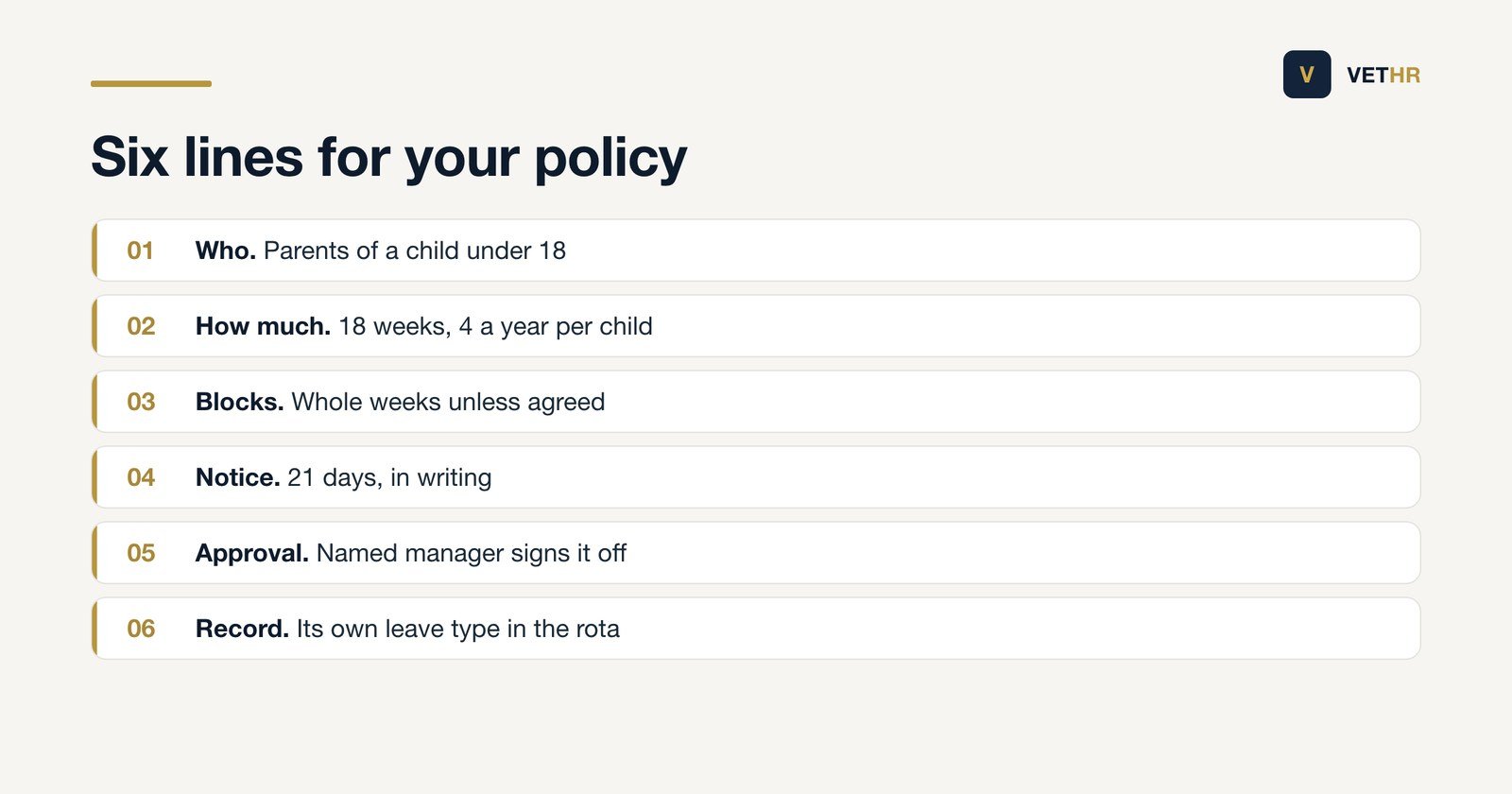 Six short policy lines a veterinary practice needs to cover statutory time off for parents.