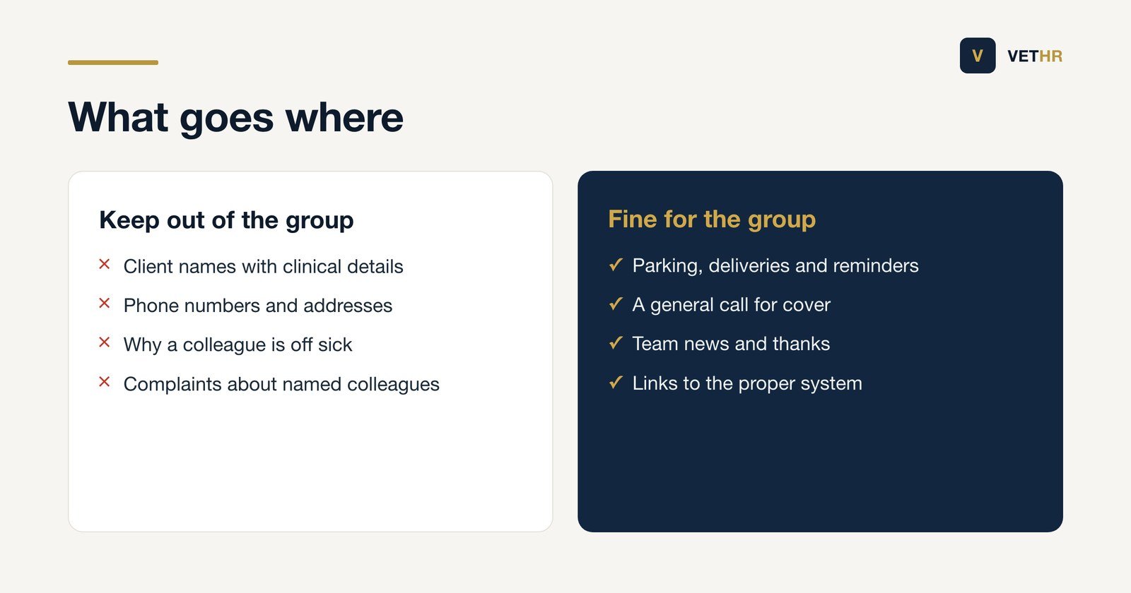 Comparison of information that should stay out of a staff group chat and the messages that are fine to share.
