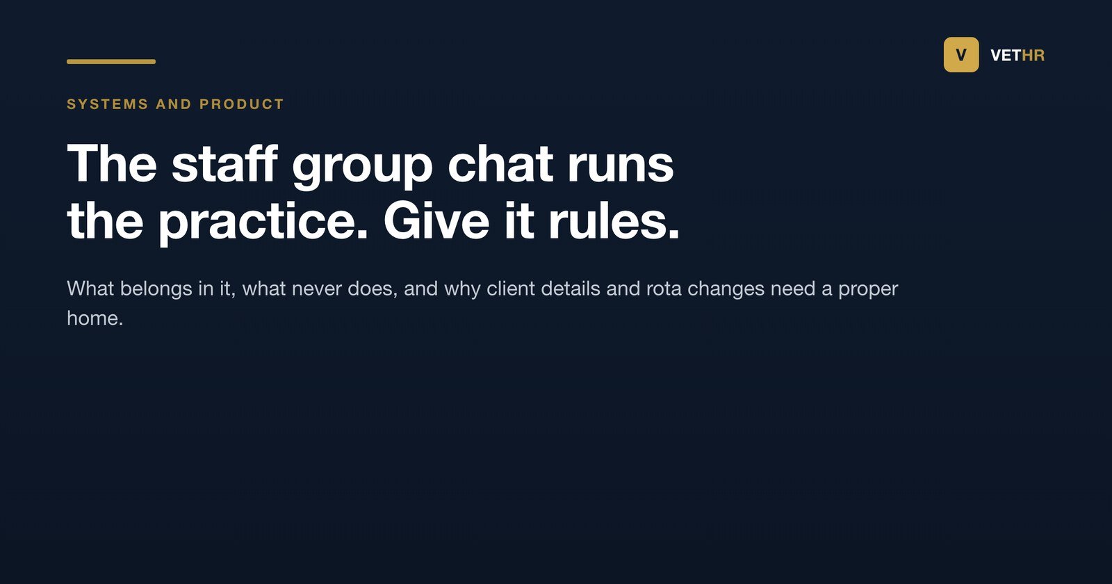 Vet HR title card on setting rules for a staff WhatsApp group in a veterinary practice.
