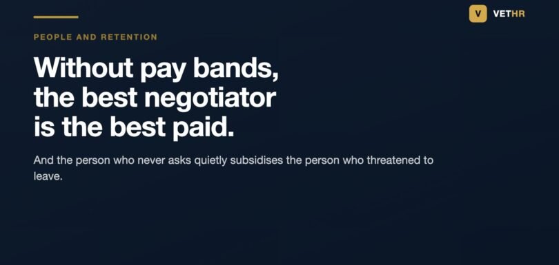Vet HR title card on why a veterinary practice without pay bands ends up paying the best negotiator the most