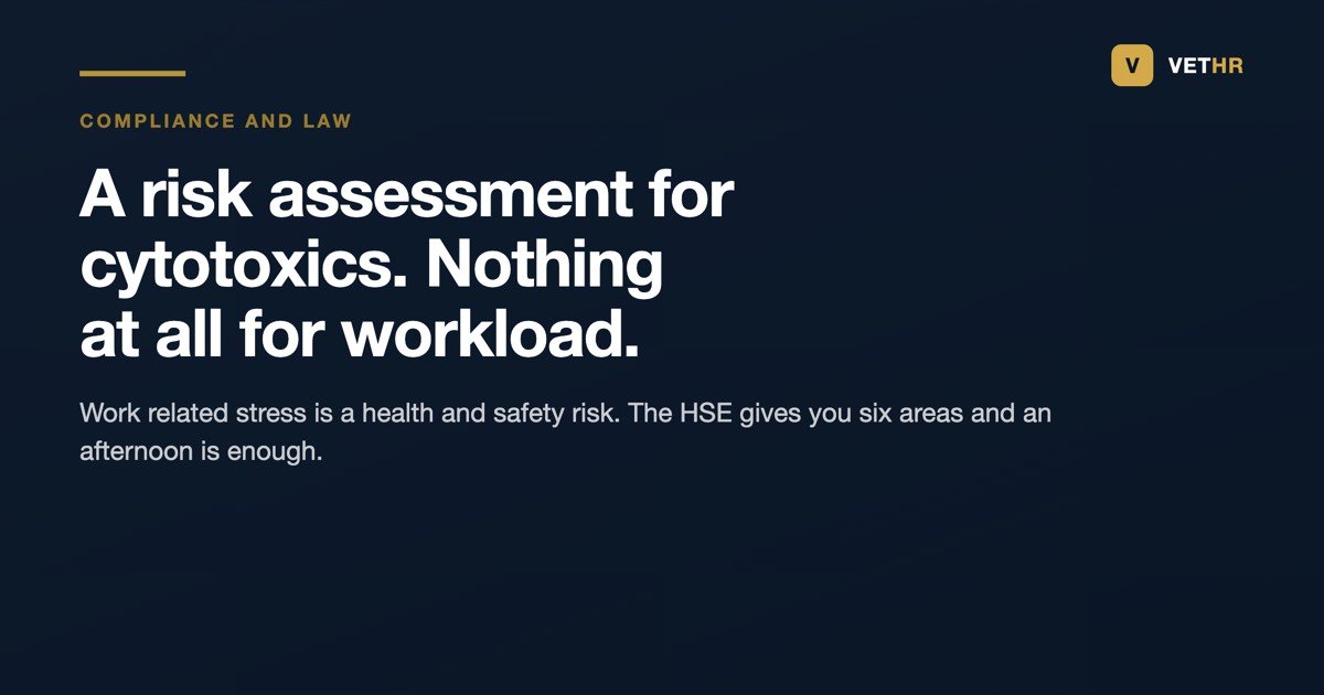 Vet HR title card noting that practices have a risk assessment for cytotoxics but no stress risk assessment for workload