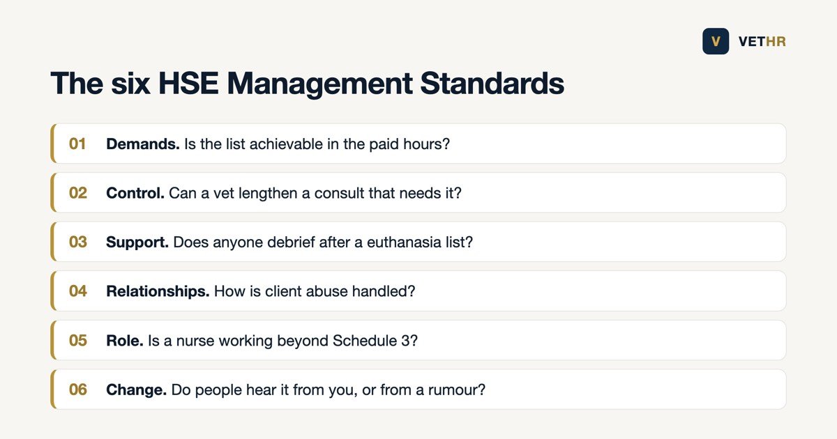 The six HSE Management Standards translated into veterinary practice questions on demands, control, support, relationships, role and change