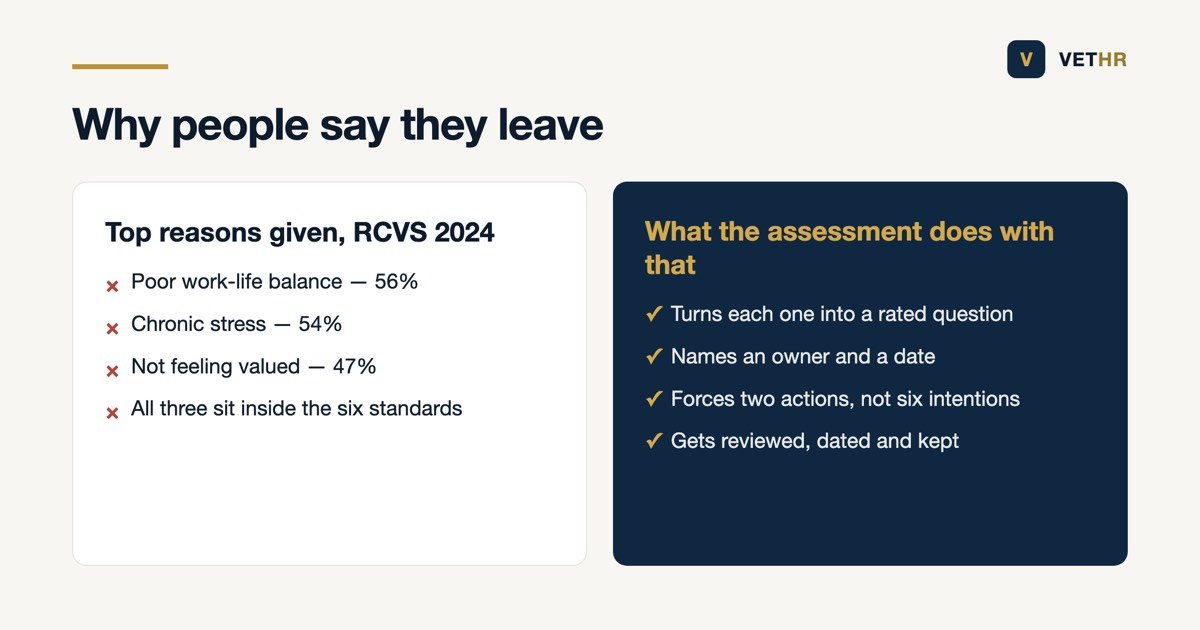 Comparison of the top reasons vets gave for intending to leave in the RCVS 2024 survey and what a stress risk assessment does with them
