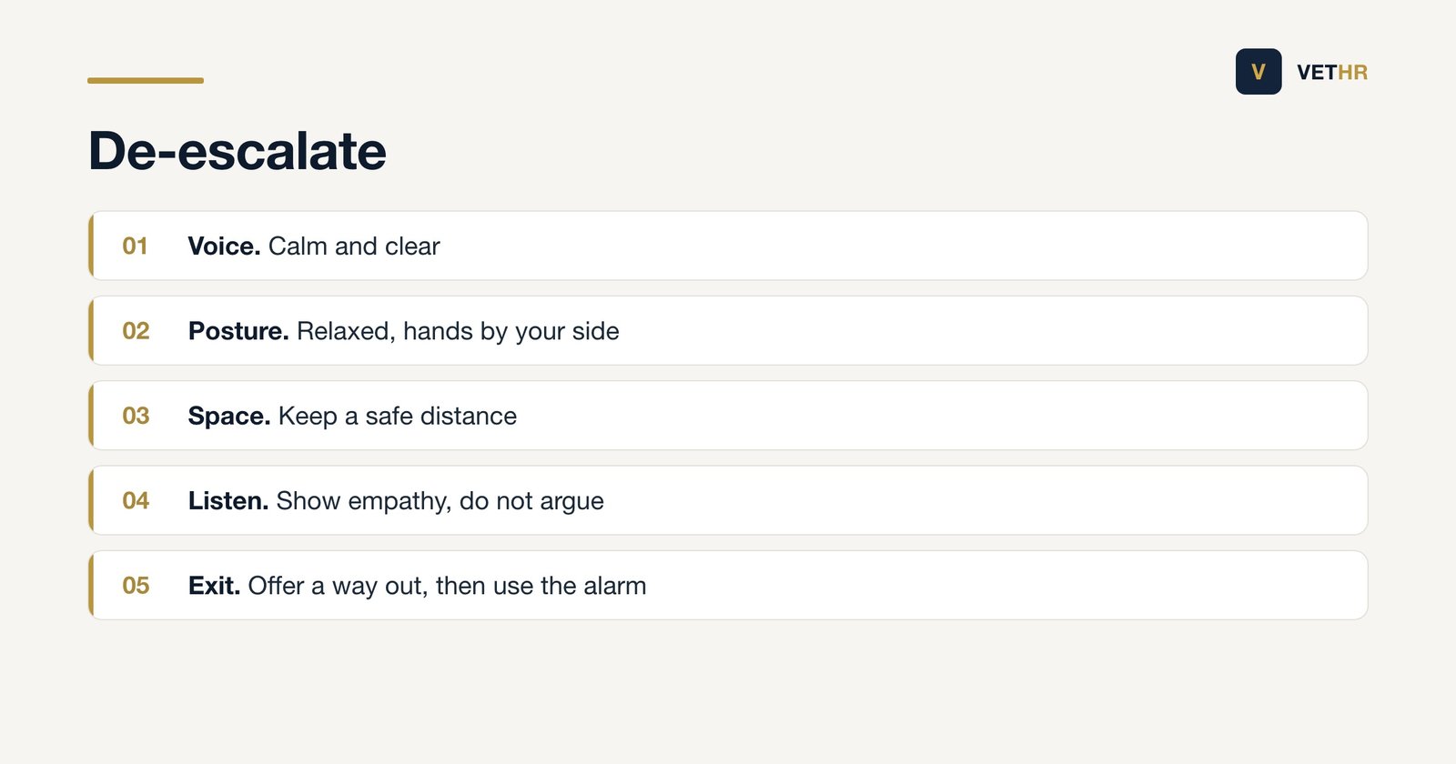 De-escalation techniques from HSE for staff dealing with an angry client: calm clear voice, relaxed posture with hands by the side, safe distance, eye contact, empathy, no arguing, an alternative solution, and a diversion tactic or panic alarm if it is not working