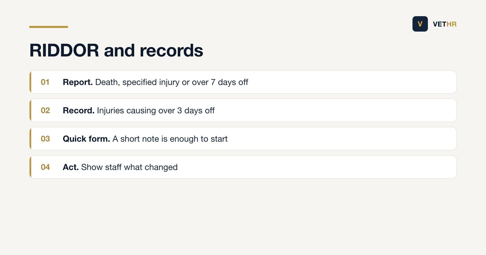 When a violent incident is reportable and how to record it: death, a specified injury or more than seven days off is reported under RIDDOR, more than three days off is recorded, a short form makes recording easy and staff see what changes as a result